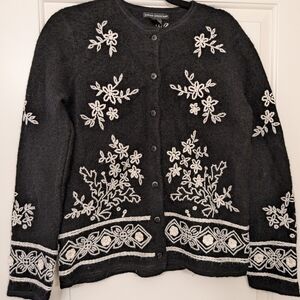 Black White Vintage Embroidered Wool Cardigan Sweater Sarah Spencer Size M